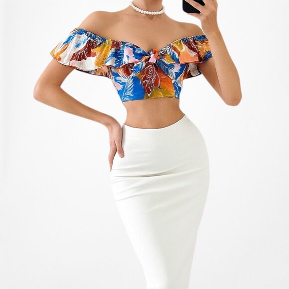 Zara Tops - Zara Off Shoulder Blue Yellow Tropical Print Ruffle Bow Front Crop Top Size S